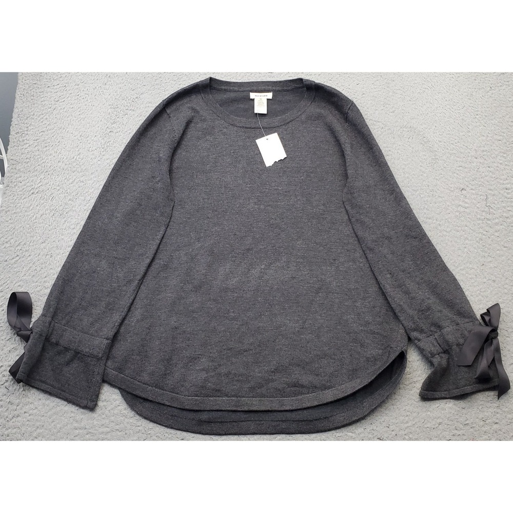 Max‎ Studio Sweater Womens Medium Gray Knit Curved Hem Tie Bell Sleeve Pullover